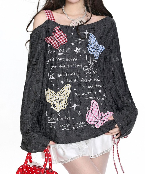 tシャツ HOOK for girls Y2K バタフライ × レースアップ ロング