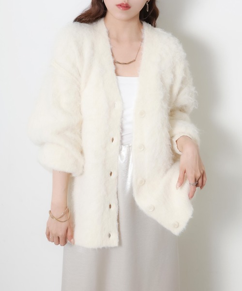 Drawer - 完売!!未使用新品【シーニュ】Renee シャギーモヘアカーディガン／white Riberry（リベリー） カーディガン シャギーVネックニットカーディガン