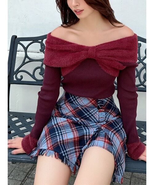ニット+セーター rouge by pomme off shoulder ribbon tops plaid ribbon off shoulder tops – ROUGE by POMME d'amour