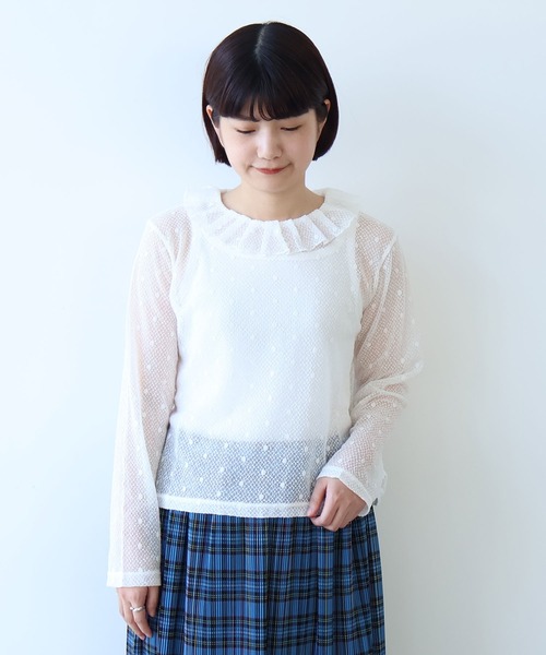 ☆美品☆bulle de savon ドットシャツ bulle de savon（ビュルデサボン） tシャツ ラッセルドット タック衿