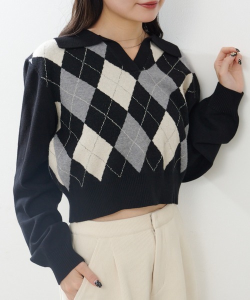 CADUNE カデュネ Kidモヘアアーガイルニット チャコールグレー M