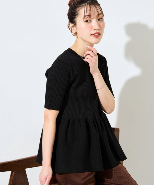 未使用タグ付 ENFÖLD ブラック 半袖ニット ペプラムトップス 38 FREAK'S STORE（フリークスストア） ニット セーター 限定展開 サマー