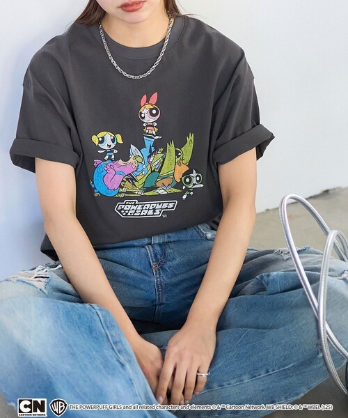 「PUBLUX」 半袖Tシャツ フリ- チャコールグレー レディース_画像4