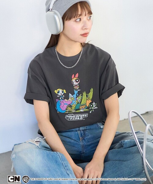 「PUBLUX」 半袖Tシャツ フリ- チャコールグレー レディース_画像5