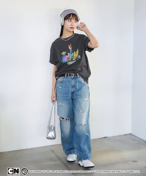 「PUBLUX」 半袖Tシャツ フリ- チャコールグレー レディース_画像6