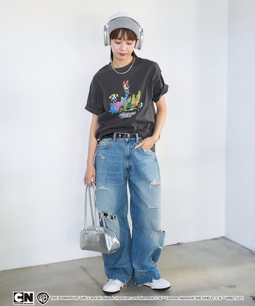 「PUBLUX」 半袖Tシャツ フリ- チャコールグレー レディース_画像7