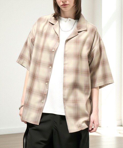 シャツ 半袖 「Alfred Alex」Ombre Check Open Collar Shirt