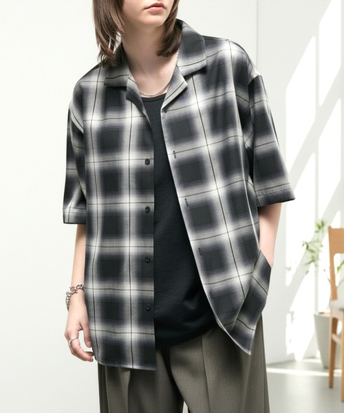 シャツ 半袖 「Alfred Alex」Ombre Check Open Collar Shirt