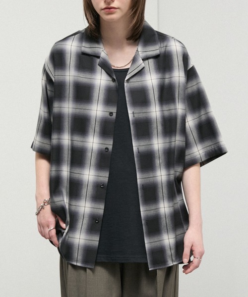 シャツ 半袖 「Alfred Alex」Ombre Check Open Collar Shirt