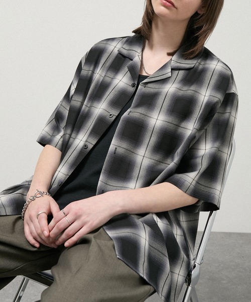 シャツ 半袖 「Alfred Alex」Ombre Check Open Collar Shirt
