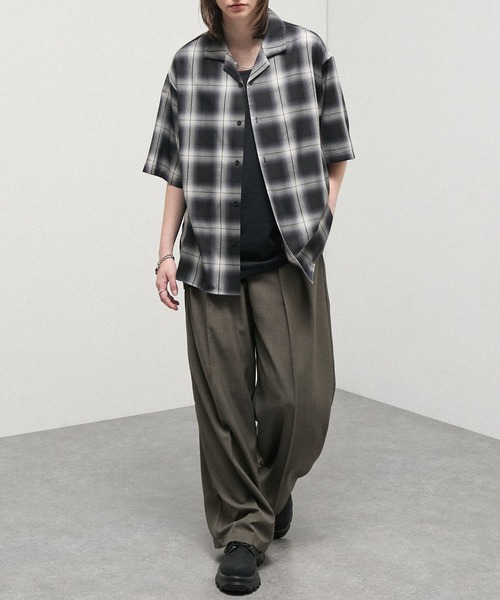 シャツ 半袖 「Alfred Alex」Ombre Check Open Collar Shirt