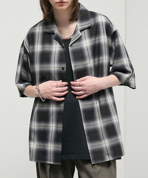 シャツ 半袖 「Alfred Alex」Ombre Check Open Collar Shirt