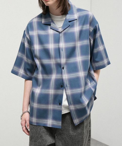 シャツ 半袖 「Alfred Alex」Ombre Check Open Collar Shirt