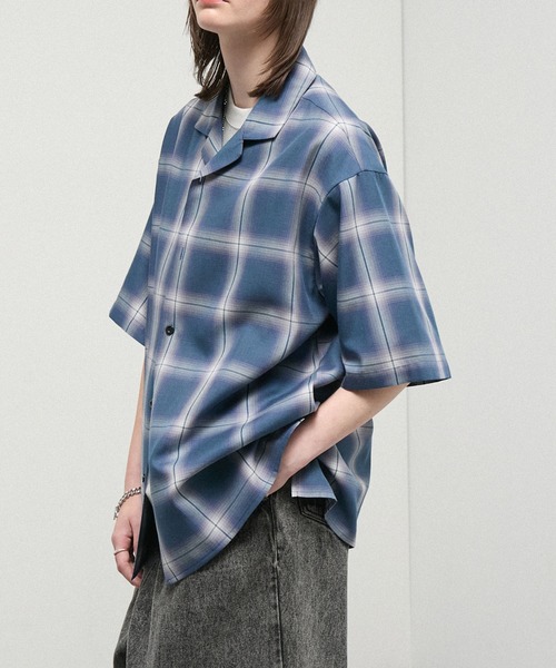 シャツ 半袖 「Alfred Alex」Ombre Check Open Collar Shirt