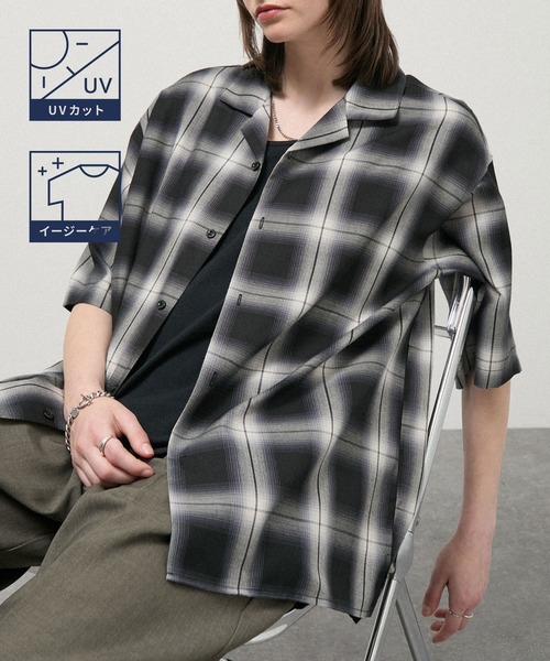 シャツ 半袖 「Alfred Alex」Ombre Check Open Collar Shirt