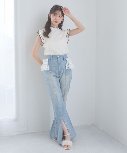 ジーンズ デニム デニムパンツ 2wayレースフリルキラキラデニムパンツ レディースの画像