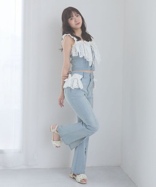 ジーンズ デニム デニムパンツ 2wayレースフリルキラキラデニムパンツ レディースの画像