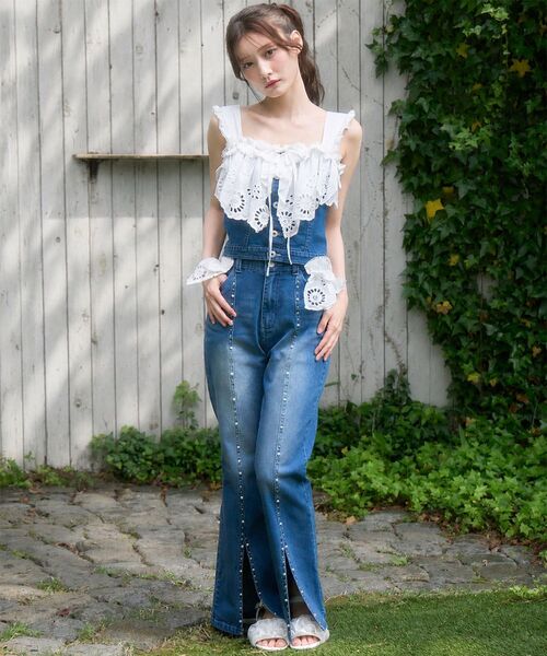 ジーンズ デニム デニムパンツ 2wayレースフリルキラキラデニムパンツ レディースの画像