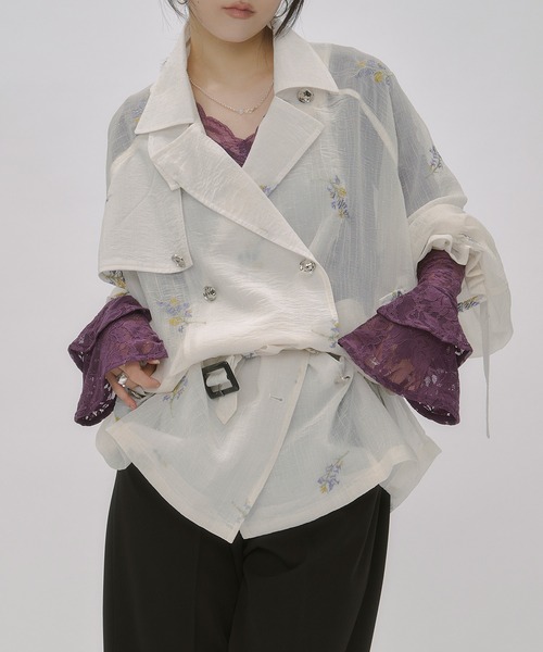 Ezick トレンチコート コート Embroidery sheer trench coat/刺繍