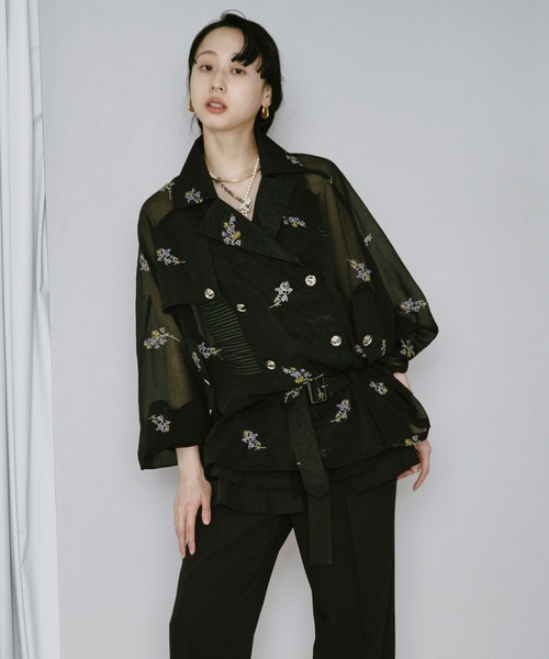 Ezick トレンチコート コート Embroidery sheer trench coat/刺繍