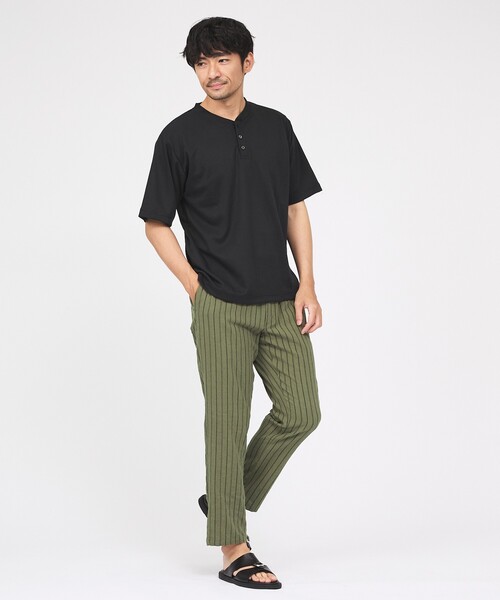 ABAHOUSE GRAY ワイドパンツ パンツ 「リネンブレンド」ストライプ