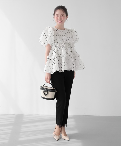 【新品未使用】fitmore ドットシアーオーガンジーペプラムトップス タグ付き Fit more（フィットモア） ドットシアーオーガンジーペプラムトップス