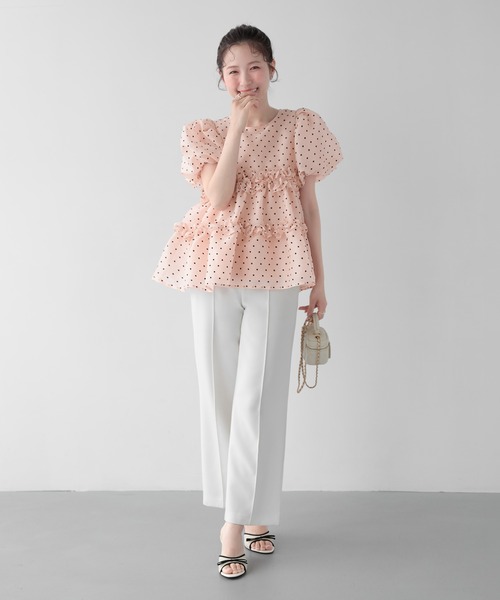fitmore ドットシアーオーガンジーペプラムトップス　ホワイト Fit more（フィットモア） ドットシアーオーガンジーペプラムトップス