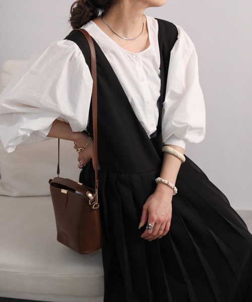 ワンピース レディース S-XL 長袖 Vネック プリーツ 23zm682 sakishimatokyo ワンピース Vネックワイドプリーツ : ZOZOTOWN