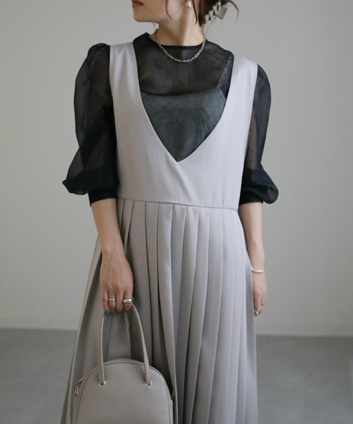 ワンピース レディース S-XL 長袖 Vネック プリーツ 23zm682 cheeryjp_hop89