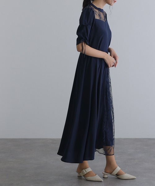 atlo ドレス ミモレ丈＆袖ありフォーマルギャザースリーブ大きいサイズ