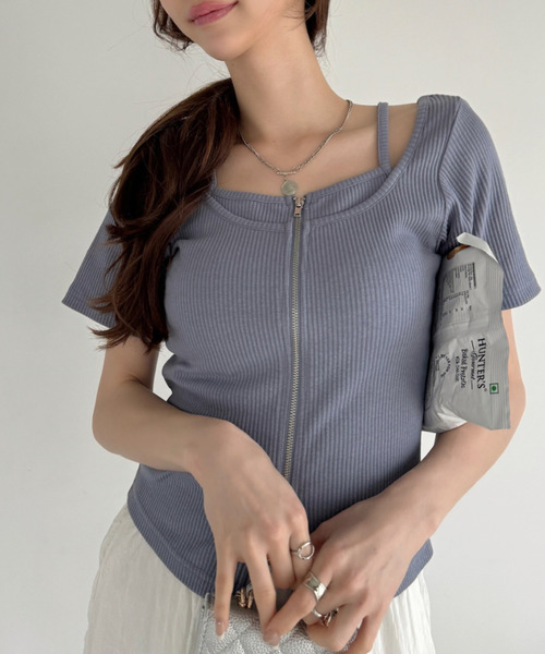 Aje. パンドレアレイヤードトップ Ada. tシャツ キャミレイヤード風 ダブルジップ リブ タイト