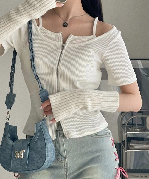 Ada. tシャツ キャミレイヤード風 ダブルジップ リブ タイト