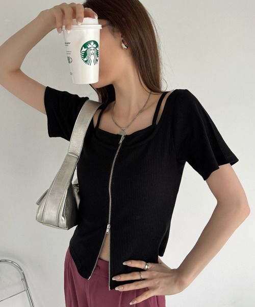 Aje. パンドレアレイヤードトップ Ada. tシャツ キャミレイヤード風 ダブルジップ リブ タイト