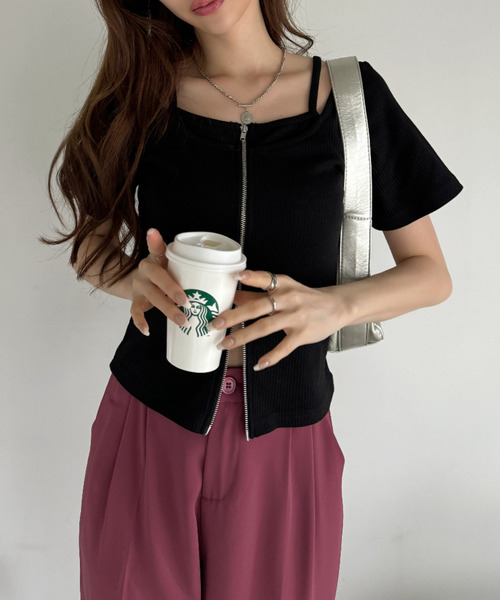 Aje. パンドレアレイヤードトップ Ada. tシャツ キャミレイヤード風 ダブルジップ リブ タイト