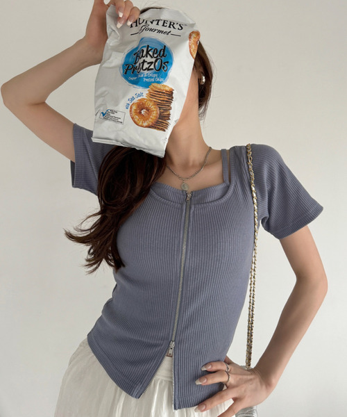 Ada. tシャツ キャミレイヤード風 ダブルジップ リブ タイト