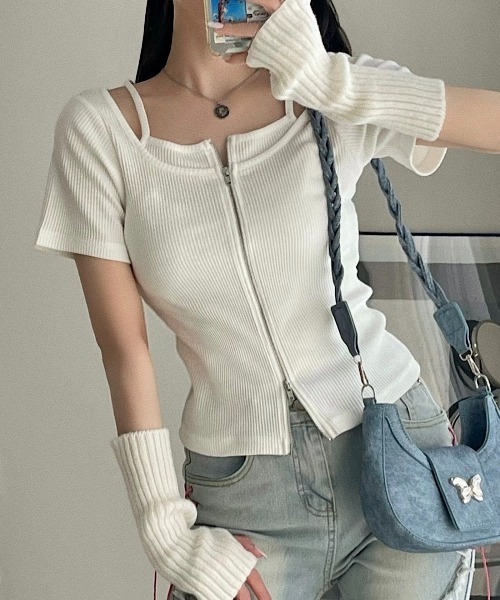 Ada. tシャツ キャミレイヤード風 ダブルジップ リブ タイト トップス