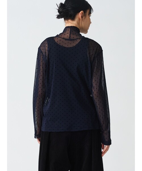 mizuiro  ind(ミズイロインド) 半袖セーター レディース - 黒 ハイネック/ショート丈 mizuiroind tシャツ mizuiro ind メッシュドットハイネックプル