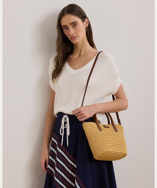 即発NEW Ralph LaurenウーブンストローBrie小ぶりかごバッグ2Way LAUREN RALPH トートバッグ ウーブン ストロー ミディアム Brie