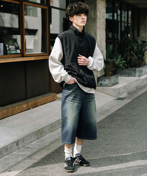 ハーフパンツ ワイドデニム ジーンズ カジュアル アメリカン Rocky Monroe ジーンズ ケミカルウォッシュ/オーバーダイ デニム