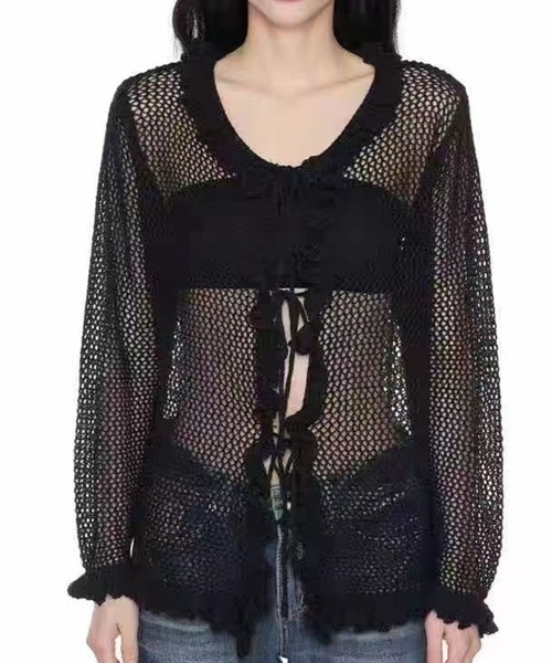 GIVENCHY*ジバンシー　モヘアニットカーディガン　セーター　フリル襟　黒 leune（ルネ） ニット セーター フリル透かし編みニットカーディガン