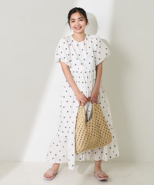 FREAK'S STORE ワンピース インド 小花柄刺繍パフワンピース