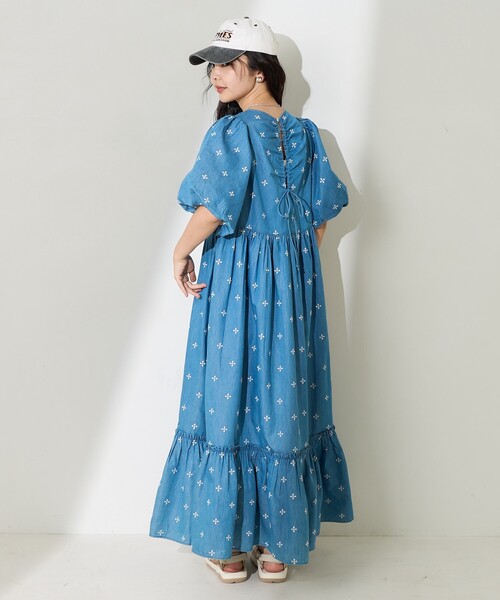 パフスリーブ 花柄 バックオープン ロングワンピース 4072706 FREAK'S STORE ワンピース インド 小花柄刺繍パフワンピース