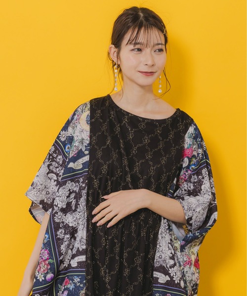 iS ScoLar tシャツ 552224：星座と花柄チュール 異素材切替