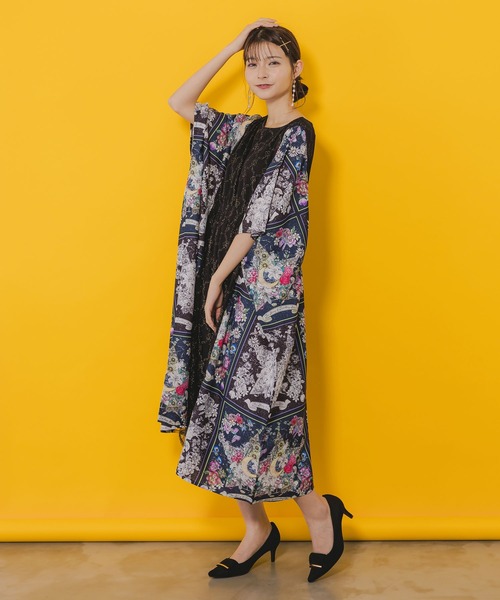 イズスカラー 552224:星座と花柄チュール 異素材切替ワンピース iS ScoLar tシャツ 552224:星座と花柄チュール 異素材切替