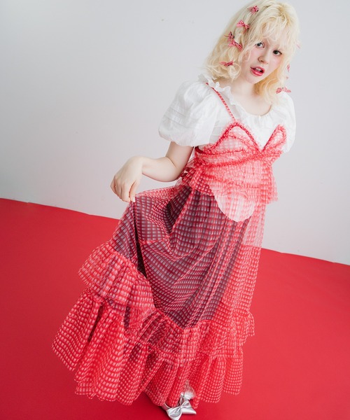 ワンピース M me eme Ginghamcheckensemblelongdress M me eme／Gingham check ensemble long onepiece(eme10812