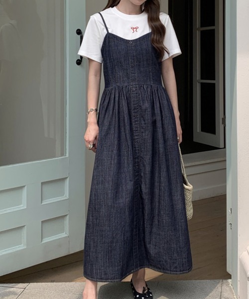 Aelina セットアップ Tシャツ＋デニムキャミワンピース