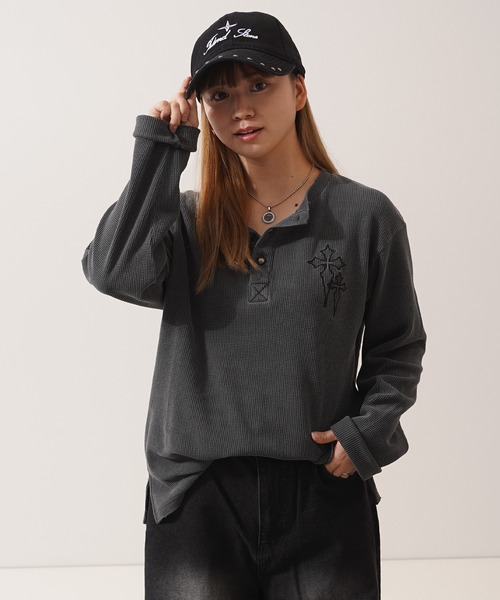 ヘンリーネック tシャツ クロス刺繍 ピグメント ワッフル ロンT