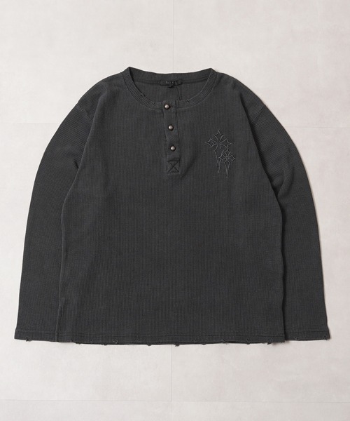 45R45rpm 刺繍ワッフルのヘンリー ヘンリーネック tシャツ クロス刺繍 ピグメント ワッフル ロンT