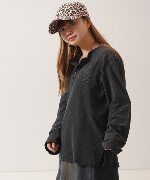 ヘンリーネック tシャツ クロス刺繍 ピグメント ワッフル ロンT