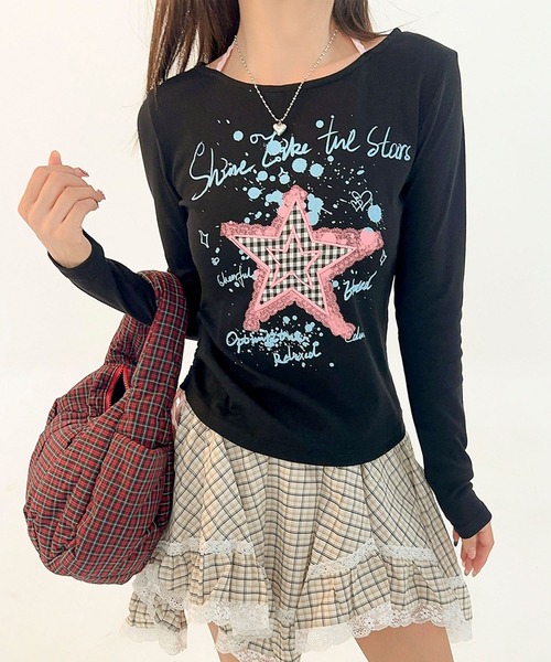 tシャツ HOOK for girls Y2K スターモチーフ × サイドリボン ロング